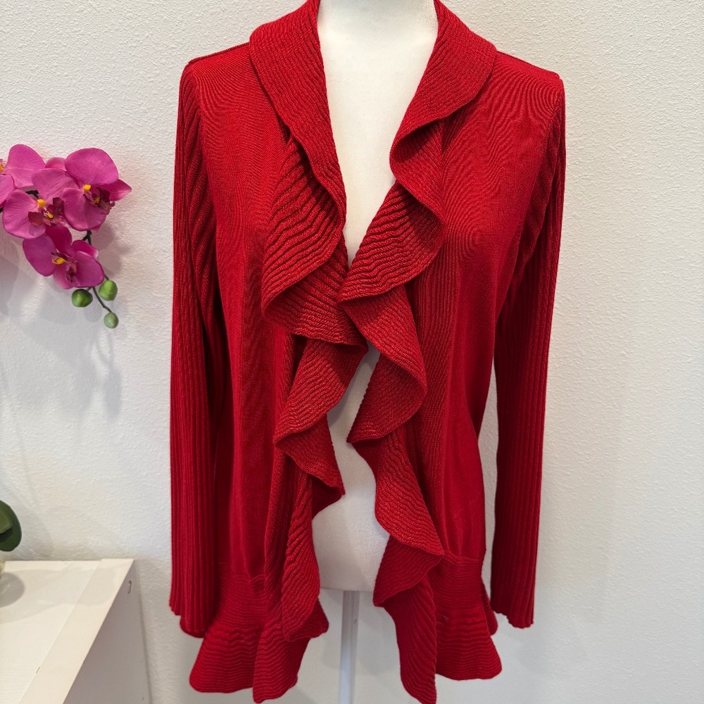NUE OPTIONS Women’s Red Ruffle-Front Cardigan Sweater Size Large